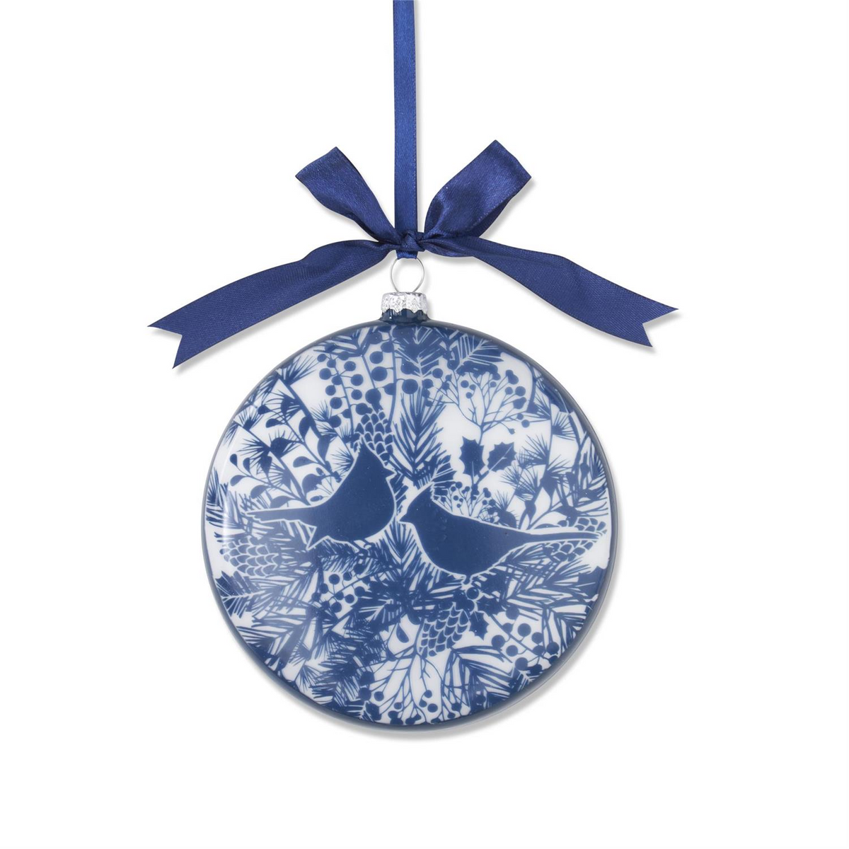 5-inch flat glass ornament with blue and white floral print, two birds, and a blue ribbon bow.