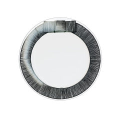 Round white paper salad plate with a black and grey textured ribbon border design.