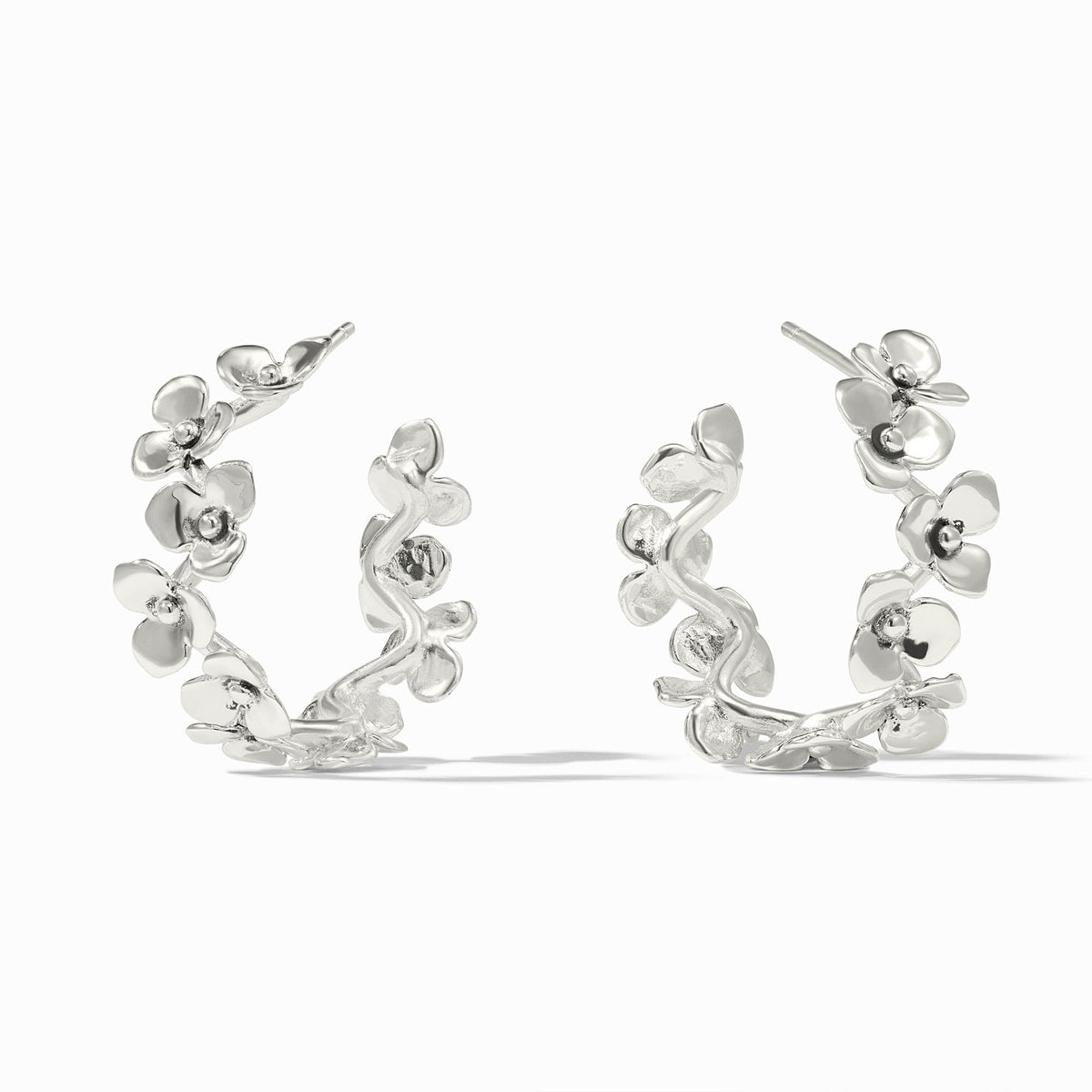 Julie Vos Bloom hoop earrings in silver plate with a small circular silhouette.