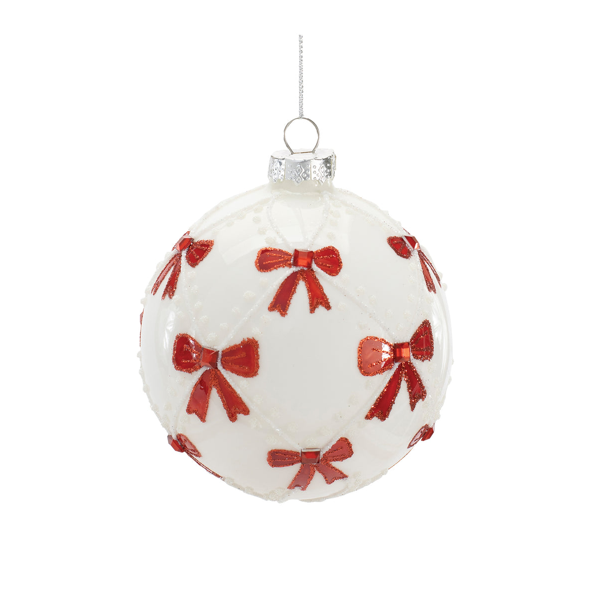 White glass Christmas ornament with red glittery bows and white beaded lattice pattern.