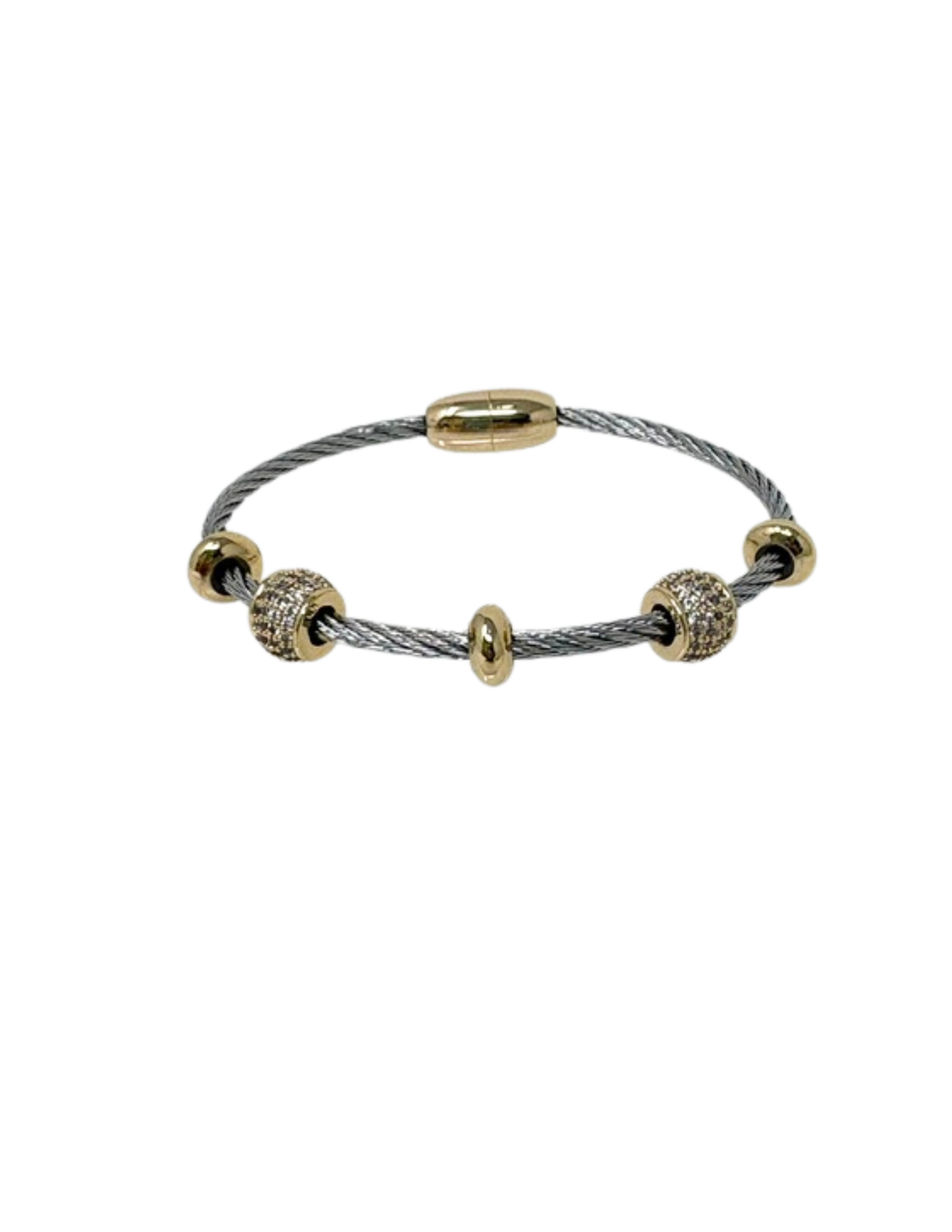 Two tone silver rope bangle with gold beads and cubic zirconia accents.