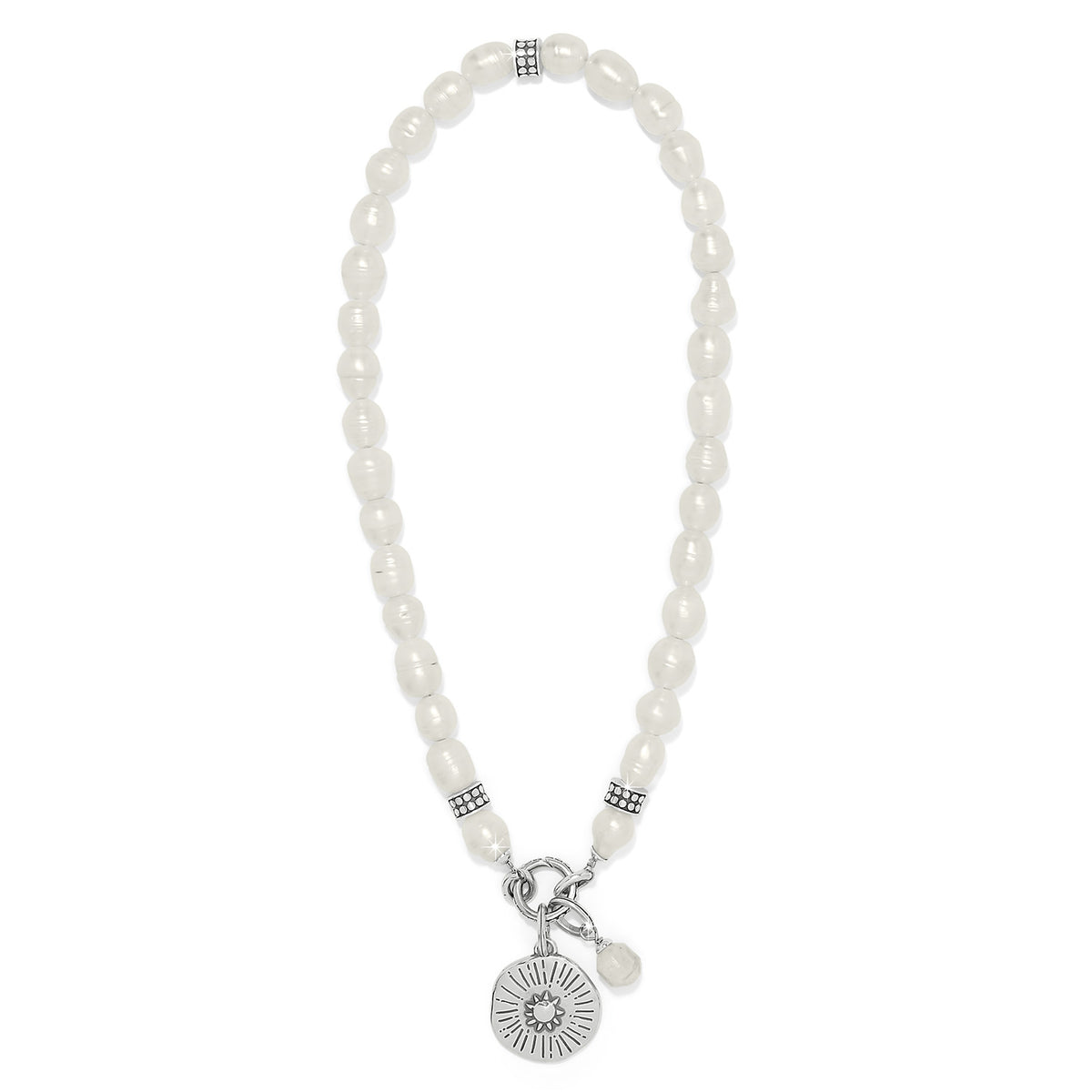 Token Charm Pearl Necklace with silver-plated sun pendant and glass pearls.