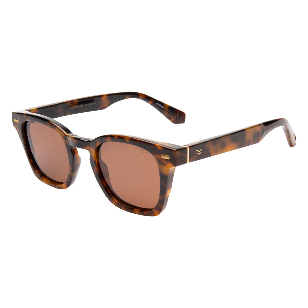 Palmer Tort/Brown polarized lens sunglasses with a tortoiseshell pattern frame and dark tinted lenses.
