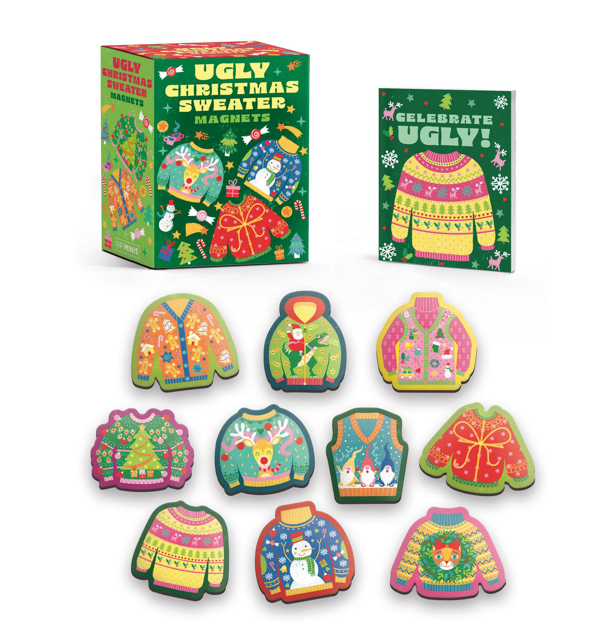 Ten illustrated ugly Christmas sweater magnets with festive patterns.