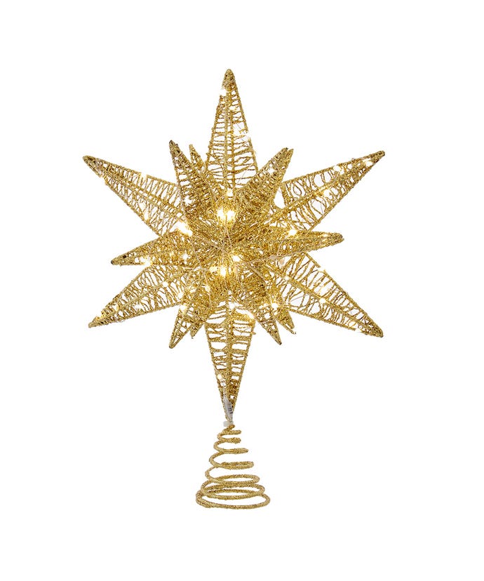 Gold starburst treetop decoration with warm white micro LED lights on an iron frame.