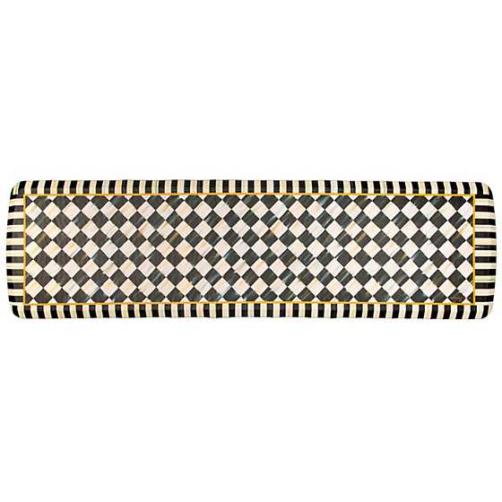 Courtly Check 20" x 72" GelPro Comfort Mat with black and white diamond and striped patterns.