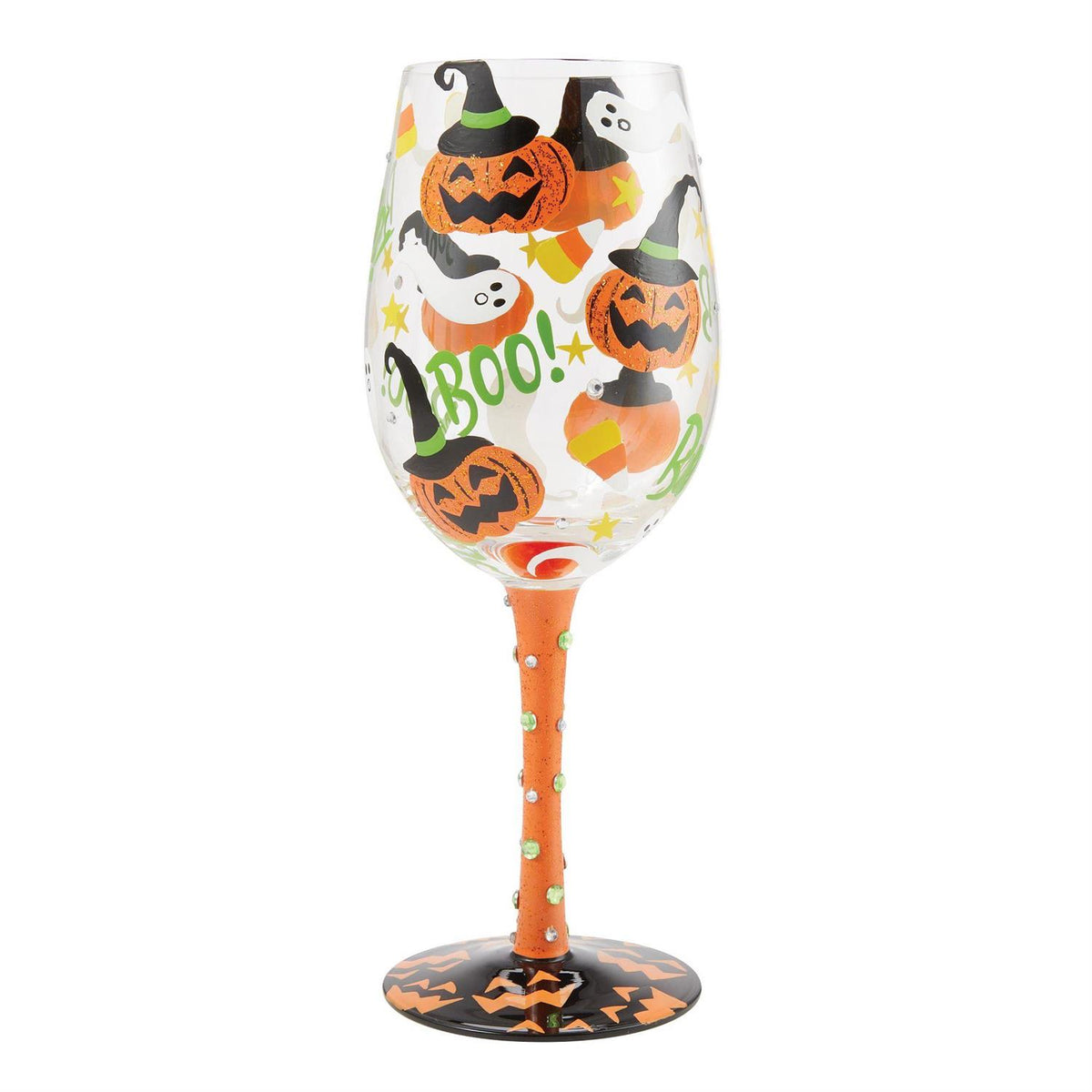 Blown glass wine glass with hand-painted designs, glitter accents, and a cocktail recipe printed on the base.