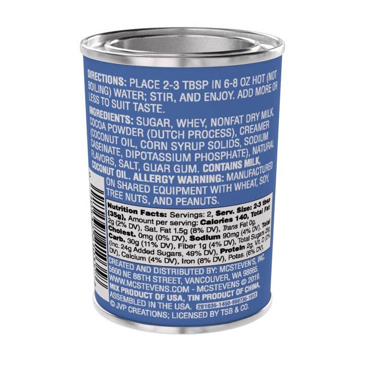 Back view of Snow Village Candy Cane Cocoa tin showing ingredients and nutrition facts.