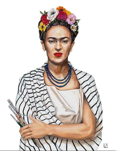 Frida Kahlo portrait print with flowers in hair, striped shawl, and paintbrushes.