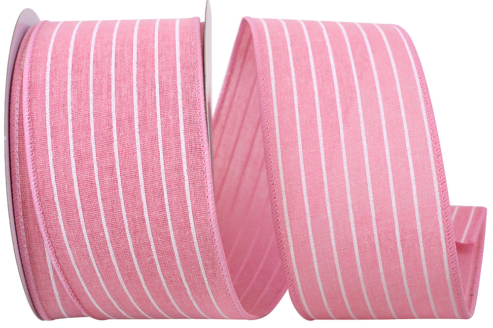 Pink polyester pin stripe fabric with wired edge on a two-and-a-half-inch wide roll.