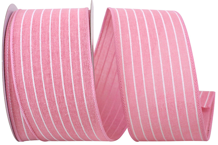 Pink polyester pin stripe fabric with wired edge on a two-and-a-half-inch wide roll.