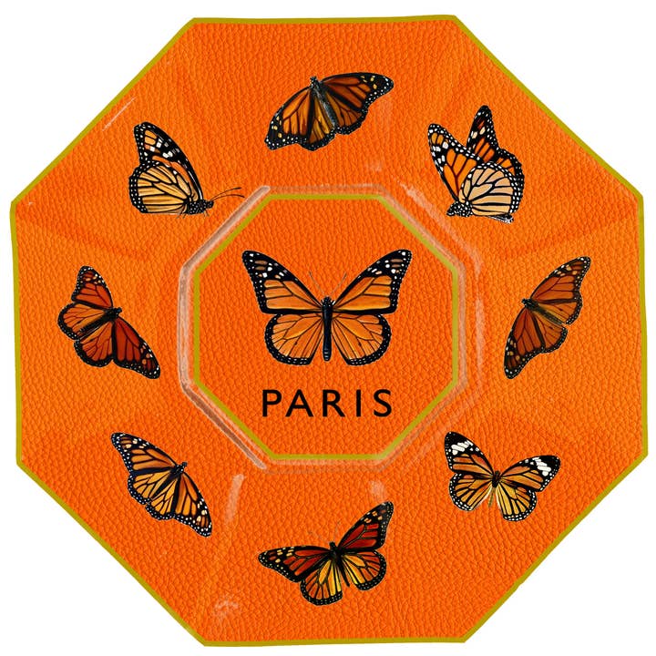 Octagonal decoupage glass plate with hand-painted gold edges featuring floral artwork.