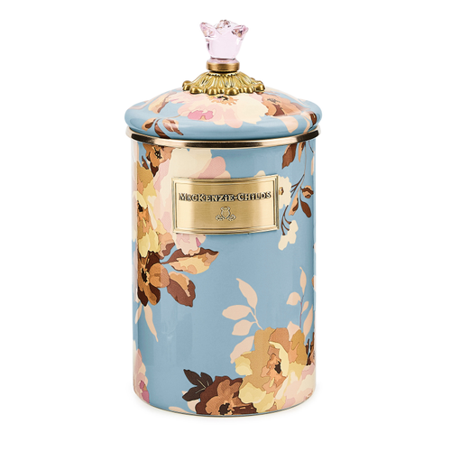 Large slate-colored Wild Rose canister with a matching lid