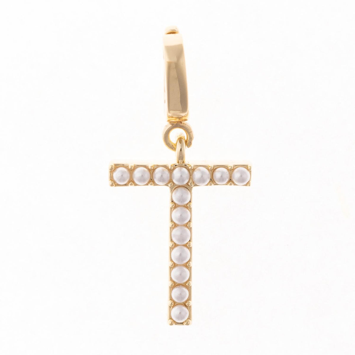 18k gold plated Avery charm in the shape of a T, featuring white pearl-like bead accents.