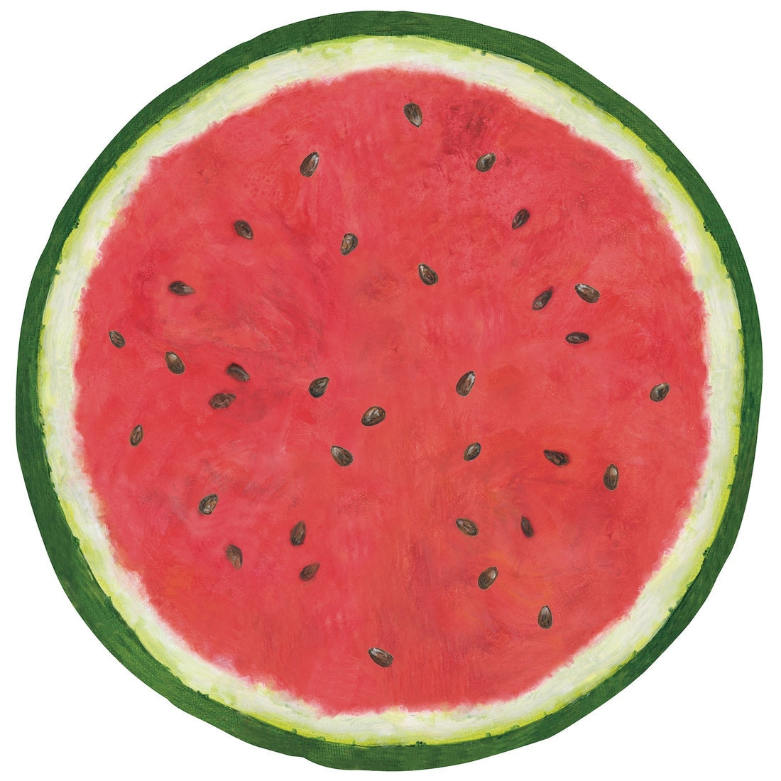 Round die-cut paper placemat featuring a realistic painted watermelon slice with seeds.