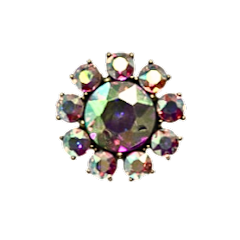 Stretchable antique gold ring with large pink center stone surrounded by iridescent rhinestones in a floral pattern.