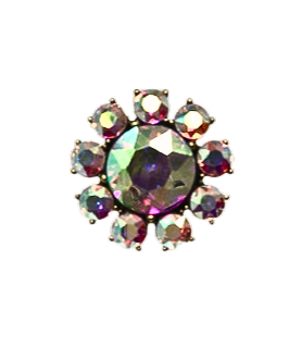 Antique gold flower ring featuring a large iridescent round stone surrounded by smaller gems.