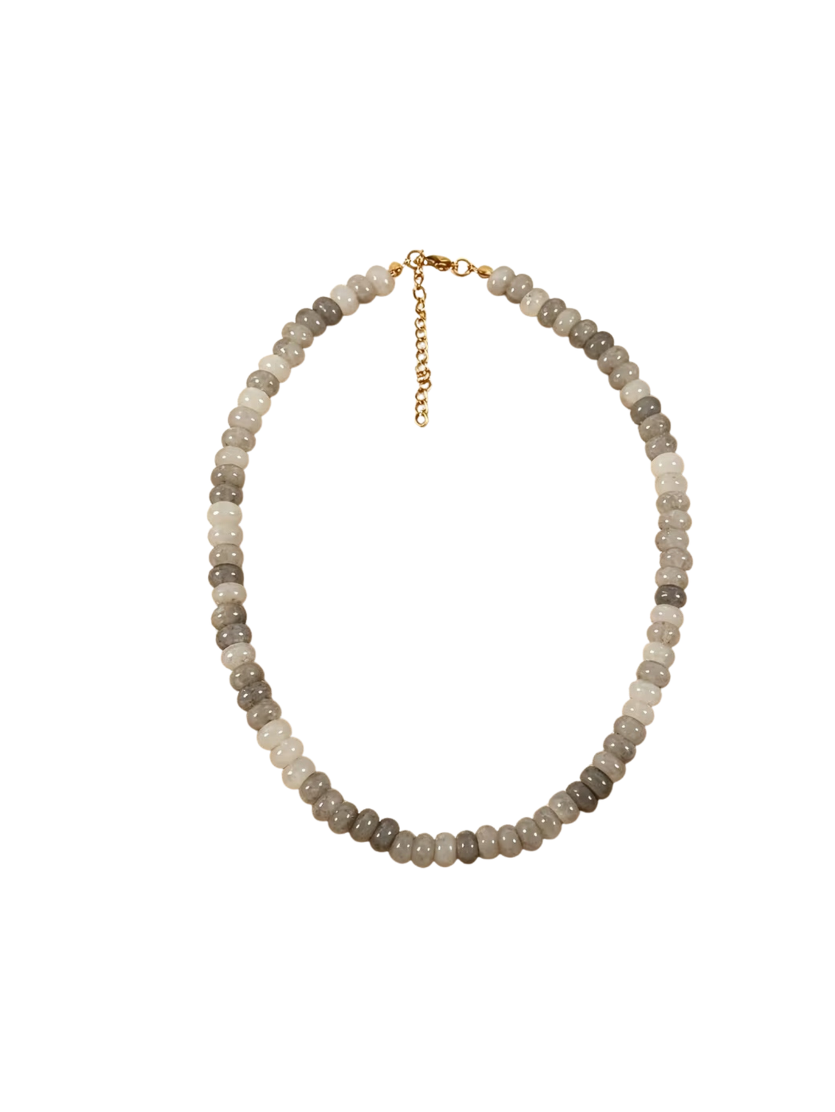 Glass beaded necklace with round grey and white beads and a gold-toned lobster clasp and chain.