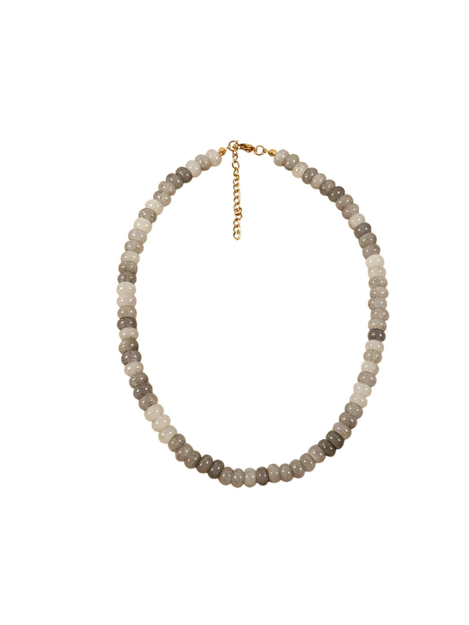 Glass beaded necklace with round grey and white beads and a gold-toned lobster clasp and chain.