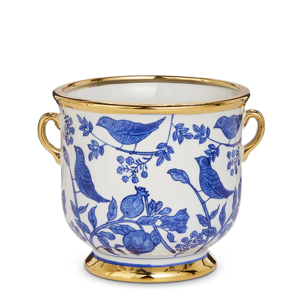 7.5-inch white ceramic cache pot with blue bird and floral pattern, gold rim, and gold handles.