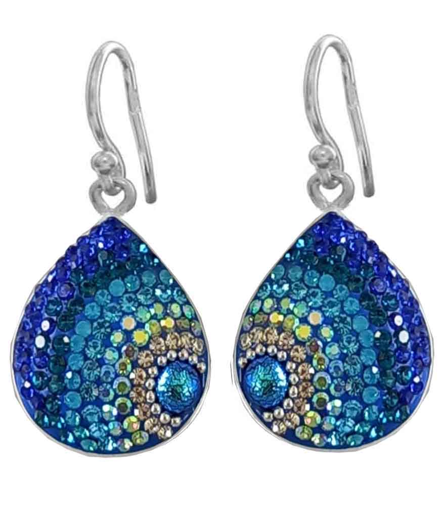 Sterling silver teardrop earrings featuring a mosaic pattern with Austrian crystals in multicolor glass and stones.