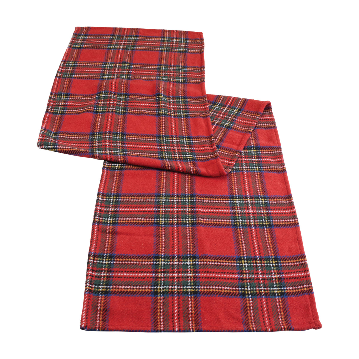 Red and black plaid table runner with a classic tartan pattern, folded on a white background.