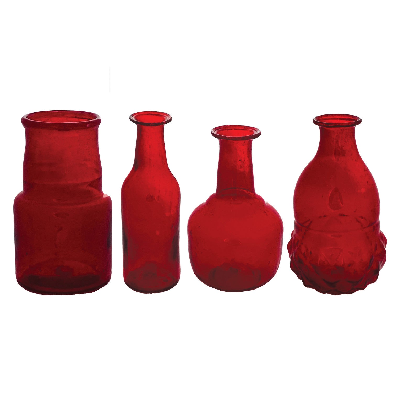 Four assorted hand-blown ruby red glass bud vases in various shapes and sizes.
