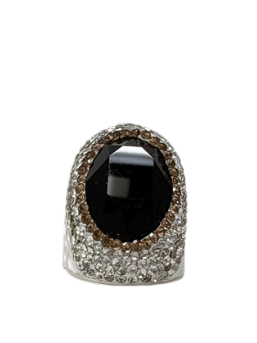 Queen of Sheba fashion ring featuring a large black oval stone surrounded by clear crystals.