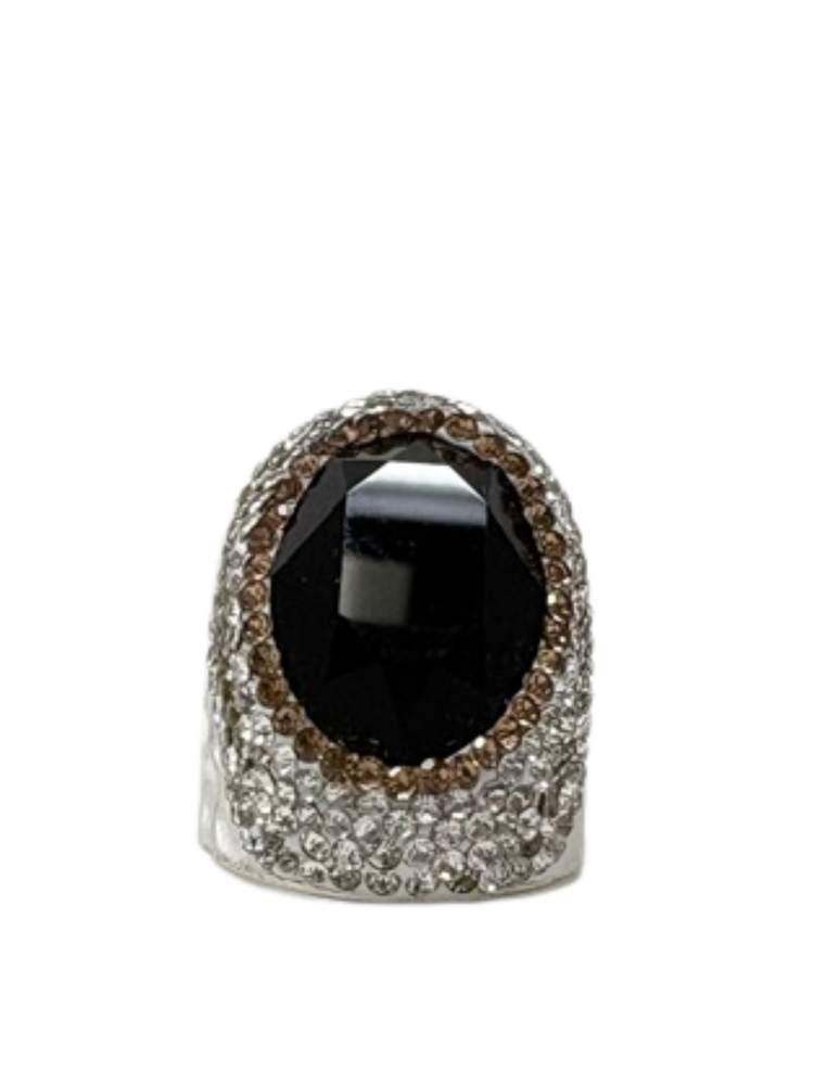 Queen of Sheba fashion ring featuring a large black oval stone surrounded by clear crystals.
