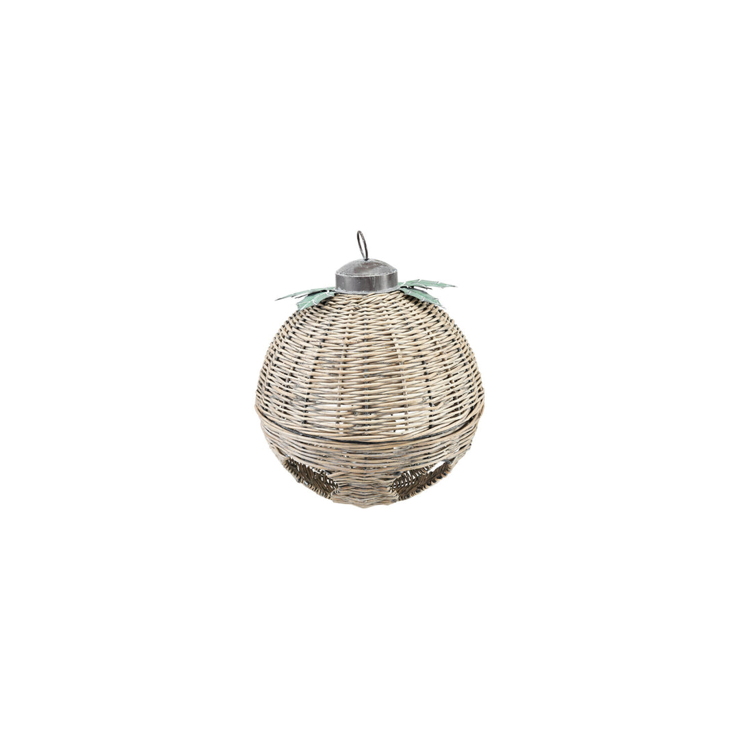 Oversized hand-woven natural rattan bell with metal leaves and a hanging loop.