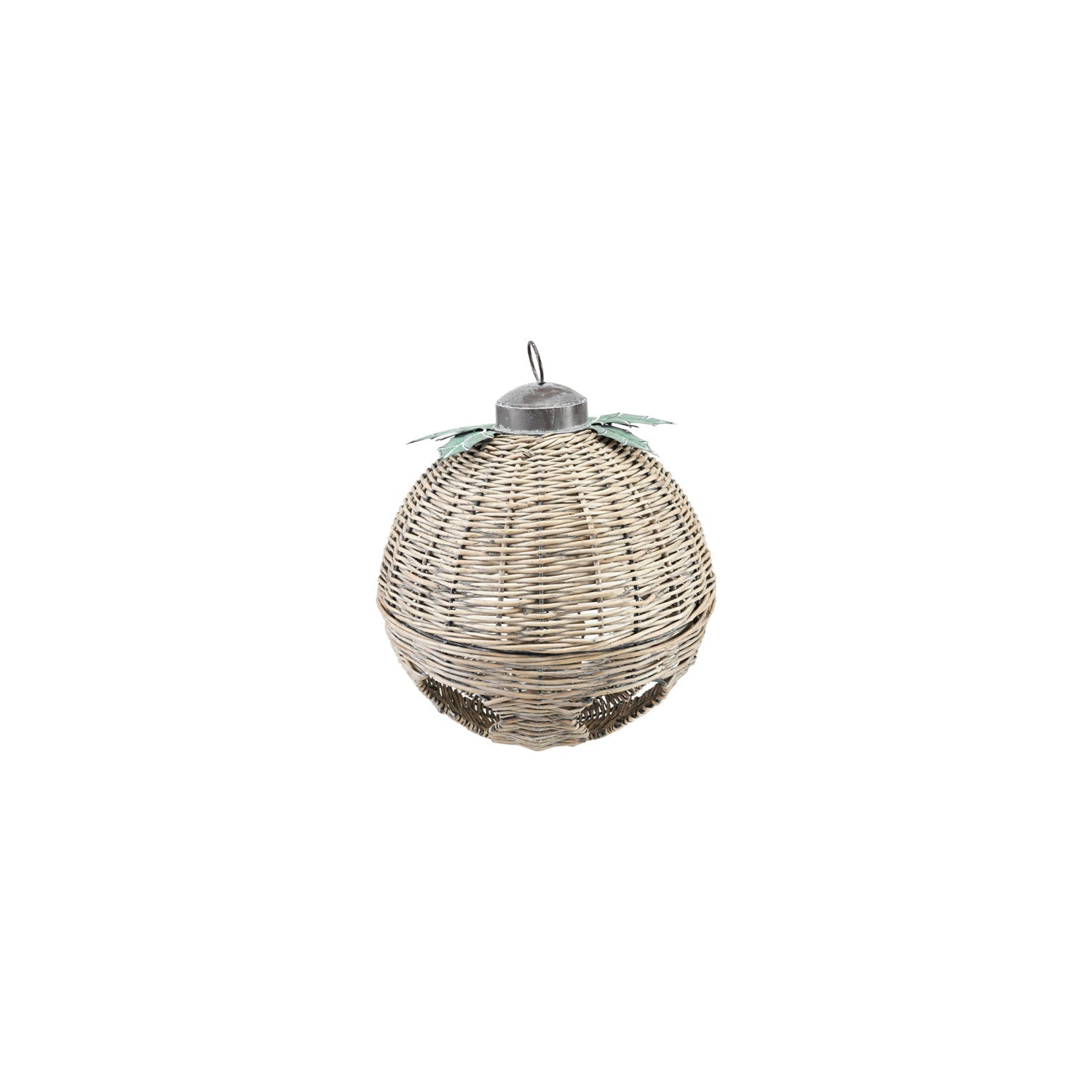 Oversized hand-woven natural rattan bell with metal leaves and a hanging loop.
