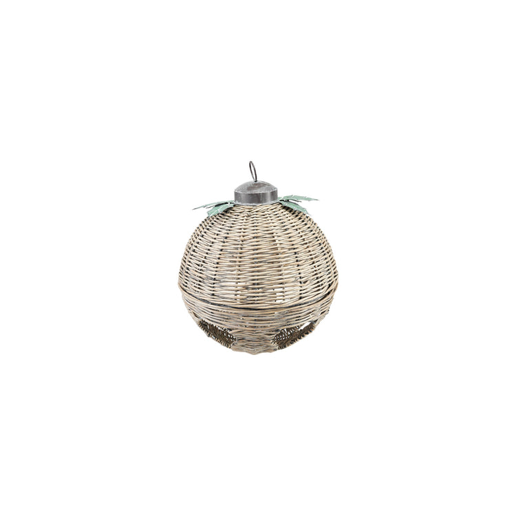 Oversized hand-woven natural rattan bell with metal leaves and a hanging loop.