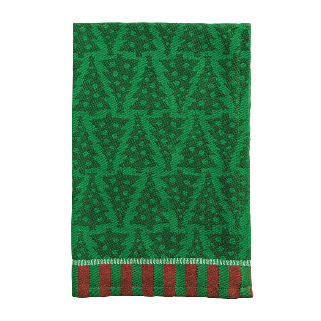 Green jacquard hand towel with a Christmas tree pattern and a red and green striped hem.