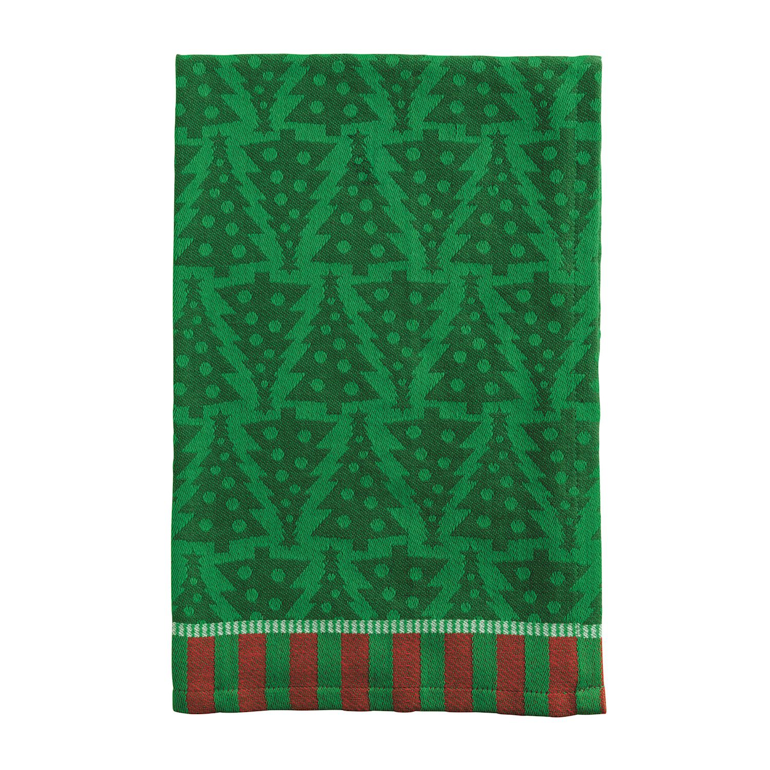 Green jacquard hand towel with a Christmas tree pattern and a red and green striped hem.