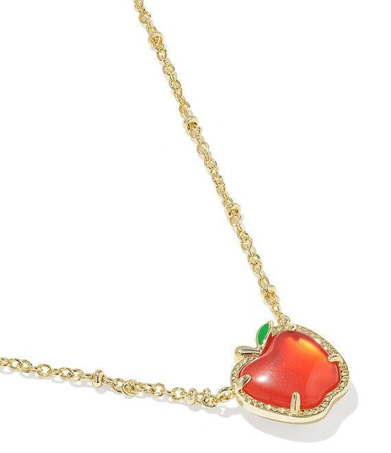 Apple Short Pendant Gold Necklace with a red apple charm and green leaf on a gold chain.