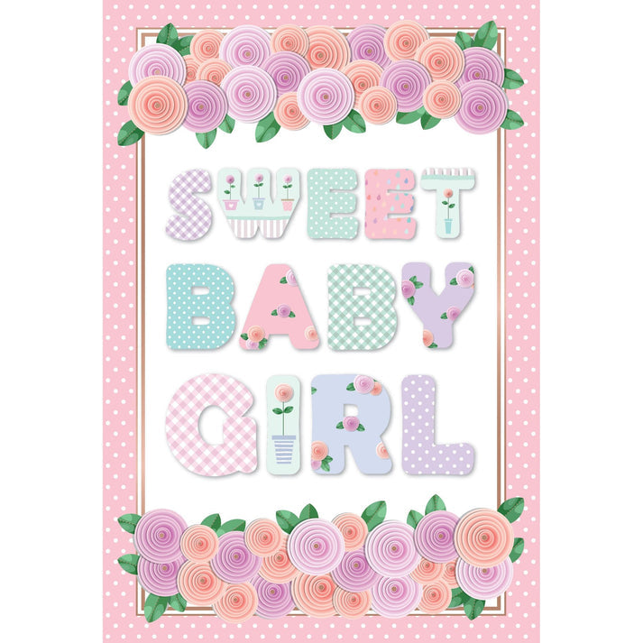 Sweet Baby Girl greeting card with floral borders and patterned letters.