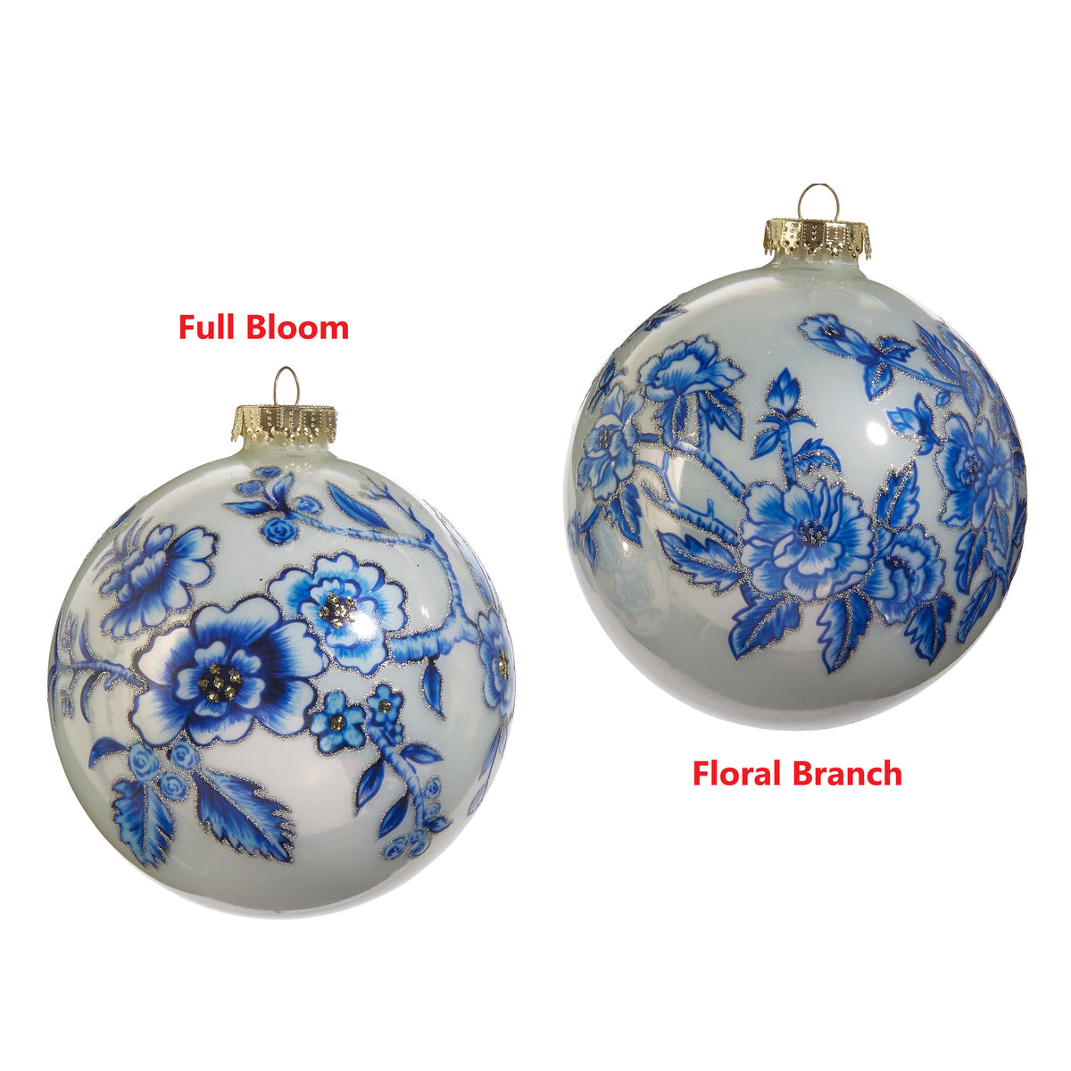 Two 5-inch glass ball ornaments with blue floral designs, labeled Full Bloom and Floral Branch.