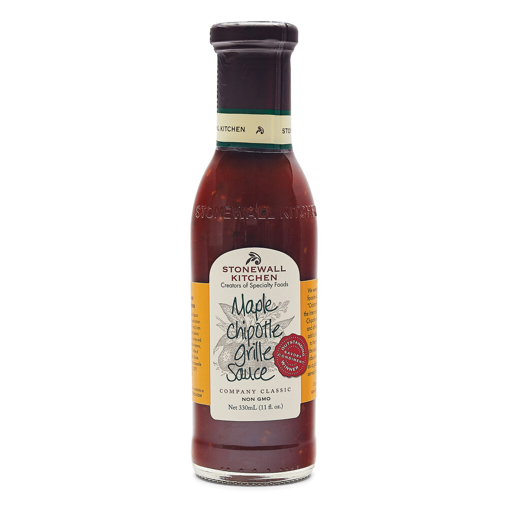 11oz bottle of Stonewall Kitchen Maple Chipotle Grille Sauce with a white and yellow label.