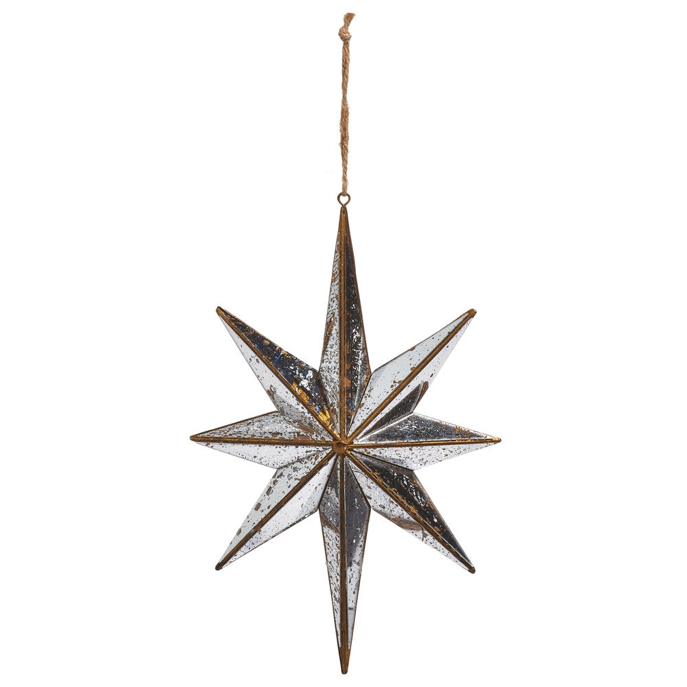 9.75-inch distressed mirrored star ornament with gold metal edges and a rustic hanging twine.