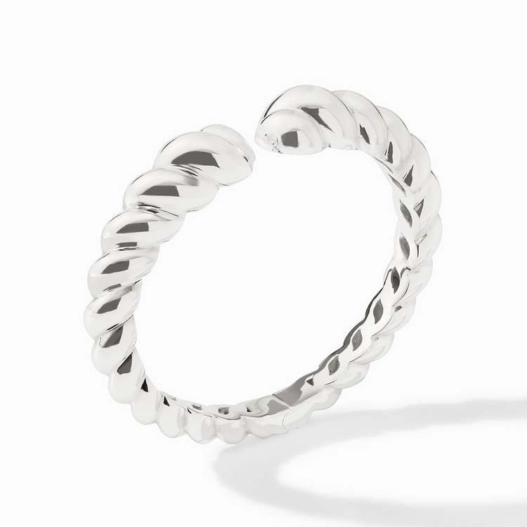 Ravello Cuff Silver, a polished sterling silver open-ended bracelet with a twisted rope design.