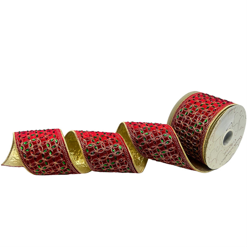 Red ribbon with heavy jewel embroidery in green and gold thread.