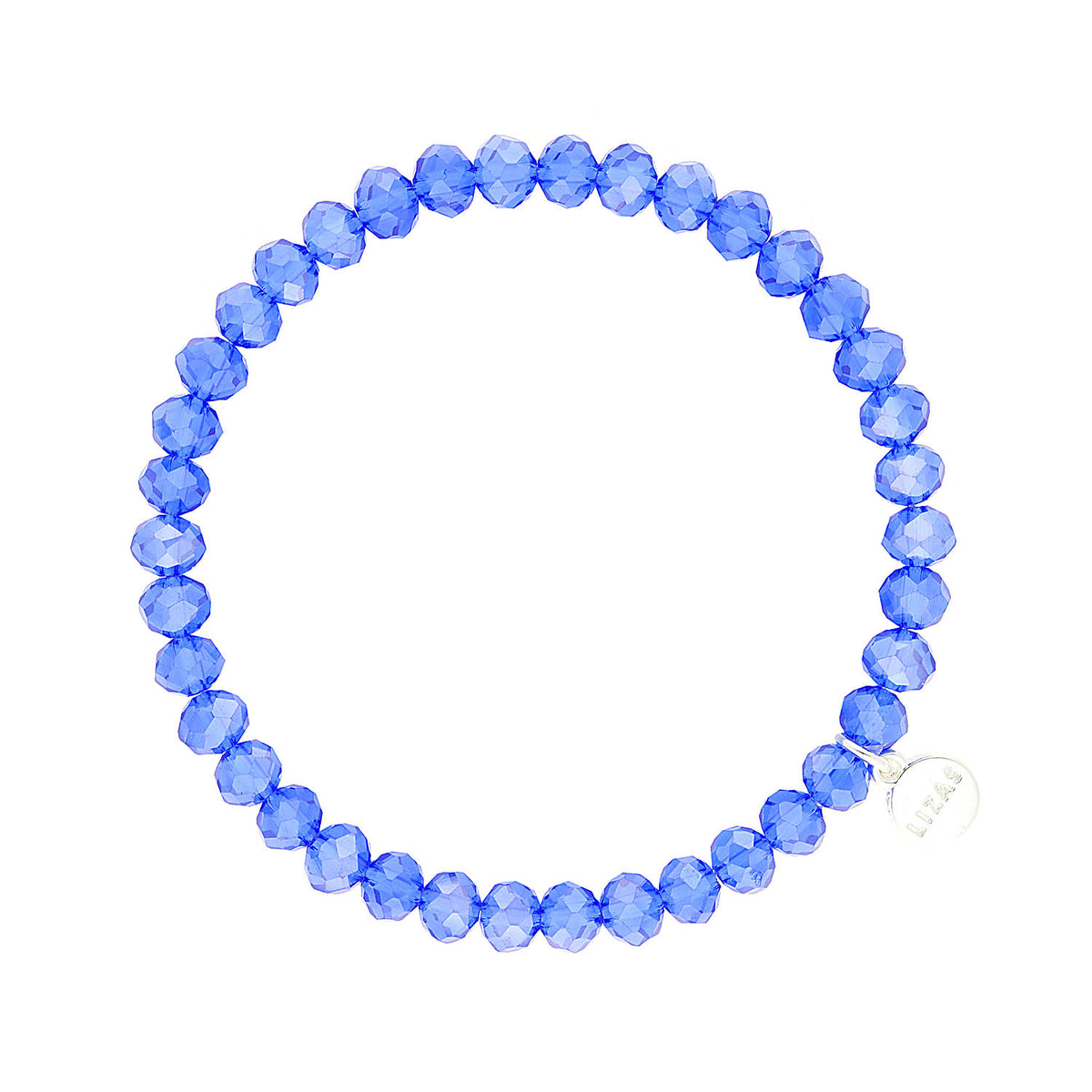 Stretchy bracelet with faceted glass beads in a colorful beaded pattern.