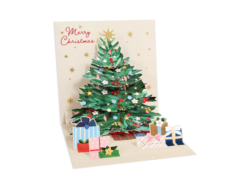 White envelope Christmas tree card with gold foil finish featuring multilingual holiday greetings.