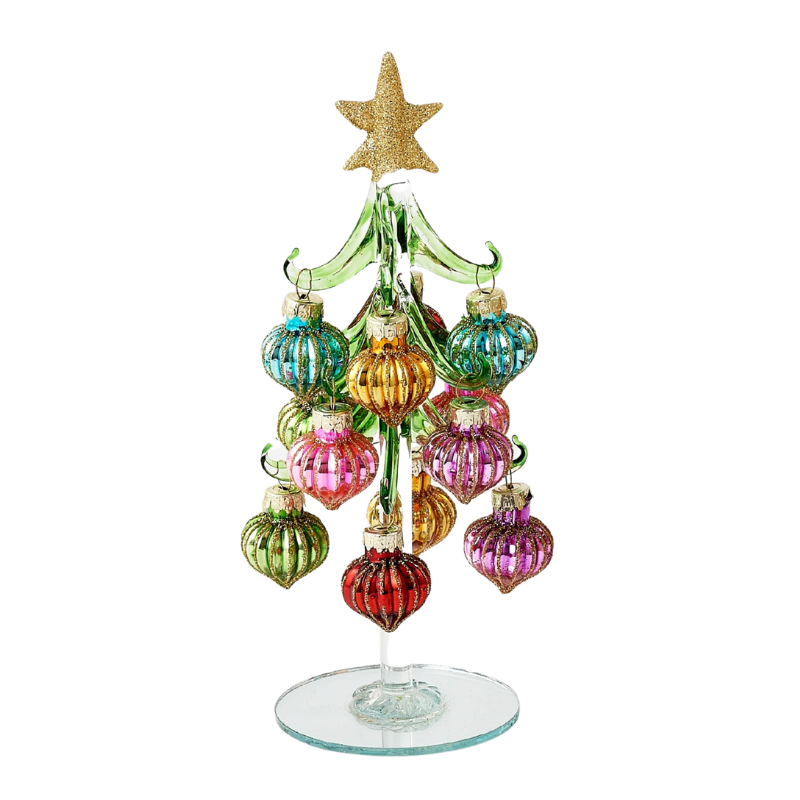 Handmade 7.5-inch green glass Christmas tree with colorful glass ornaments and a gold star topper.
