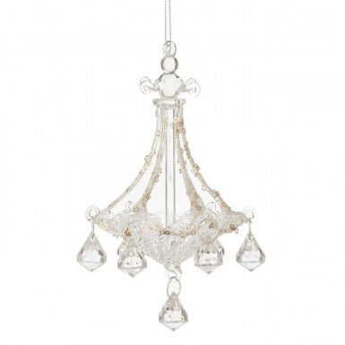 7-inch clear glass chandelier Christmas ornament with hanging crystal-style droplets.