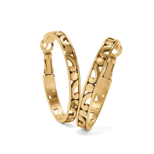 Contempo Medium Hoop Earrings in gold-plated finish with intricate scrollwork and lever back posts.