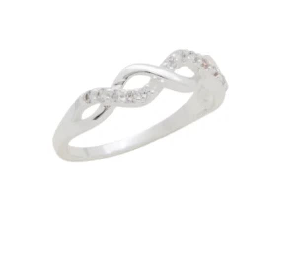 Silver infinity stack ring featuring a twisted band set with sparkling cubic zirconia stones.