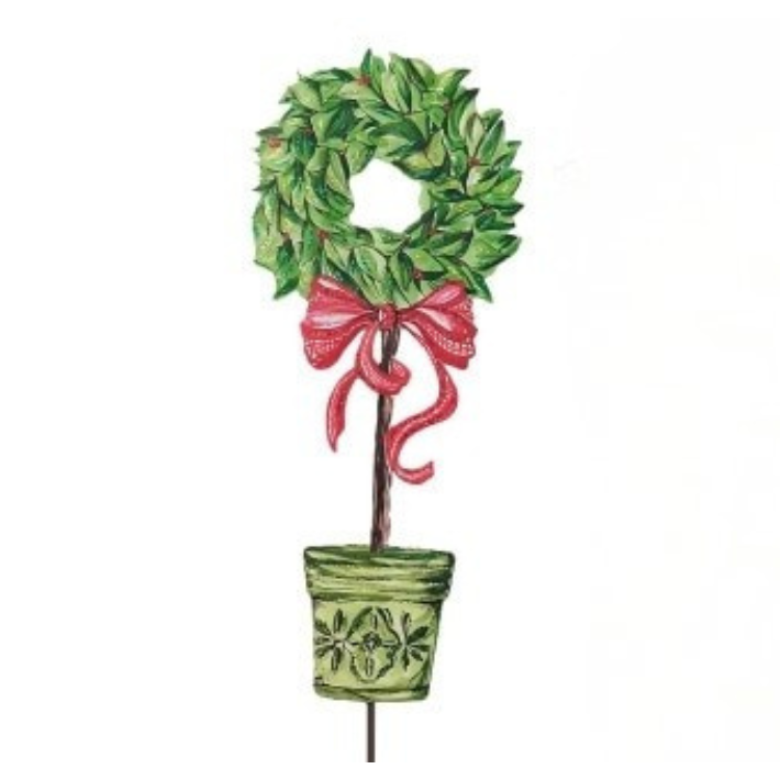 Traditional Tidings Topiary featuring a green leaf wreath with a red bow in a decorative green pot.