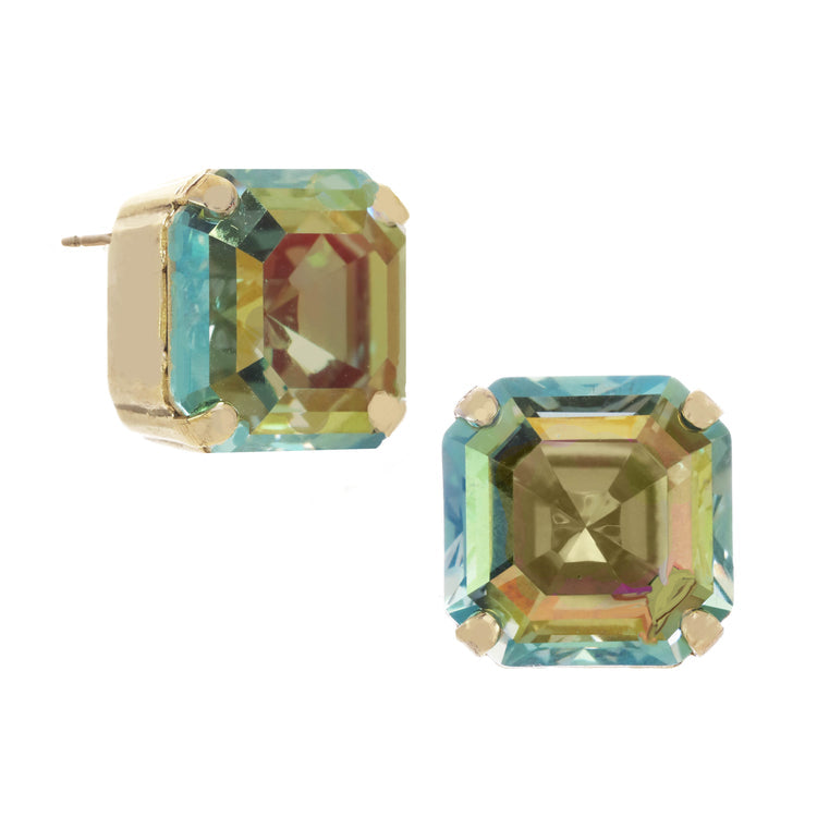 Antique gold-plated brass Nikki earrings with surgical steel posts and .5" high-quality crystals.