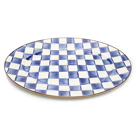 Royal Check Enamel Oval Platter with hand-painted blue and white checks and a bronzed steel rim.